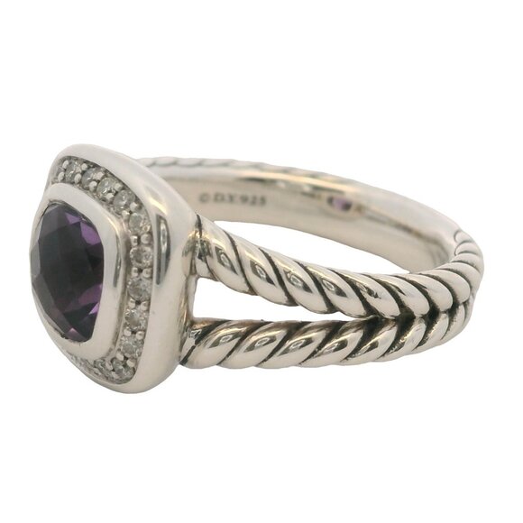 David Yurman 925 Sterling Silver Petite Amethyst Albion Ring Diamond Halo Size 7 - Picture 2 of 6